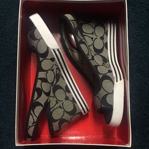 Black Coach Open-Toe Wedges